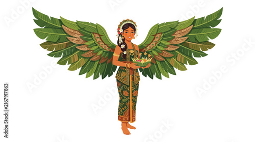 Balinese woman in traditional attire with banana leaf wings holding ceremonial offering bowl