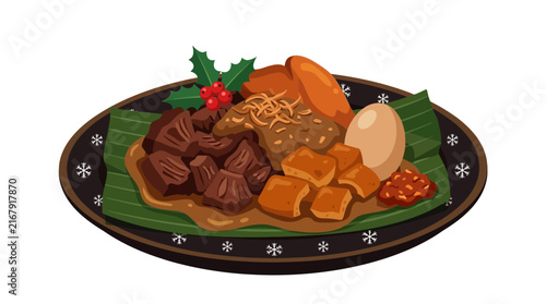 Traditional Javanese gudeg stew served on banana leaf for Christmas dinner isolated