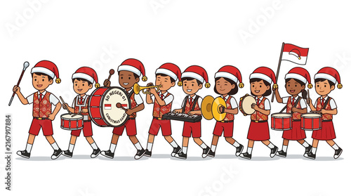 Indonesian school students playing marching band instruments during a Christmas holiday parade.