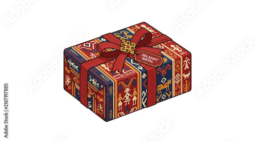 Christmas gift box wrapped in Indonesian ethnic ikat pattern paper for holiday celebration