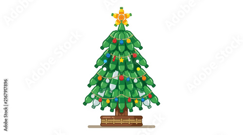 Recycled plastic bottles forming a Christmas tree for sustainable holiday celebration