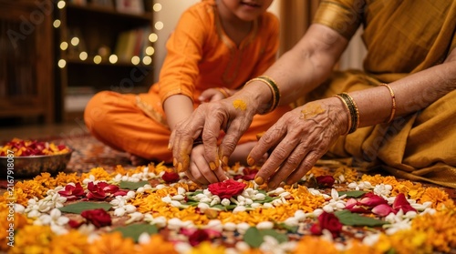 Indian grandmother and child girl create traditional flower rangoli for Diwali festival celebration