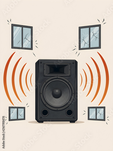 Noise pollution concept loud speaker with cracked windows sound waves