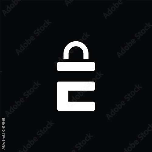 White letter e with a padlock shackle icon on a black background