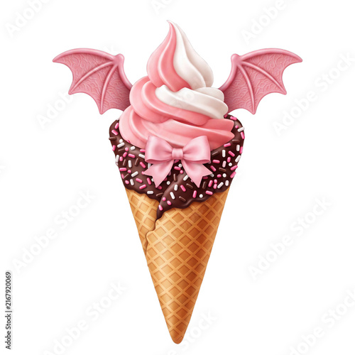 Coquette Halloween Soft Serve Ice Cream Cone with Bat Wings and Bow