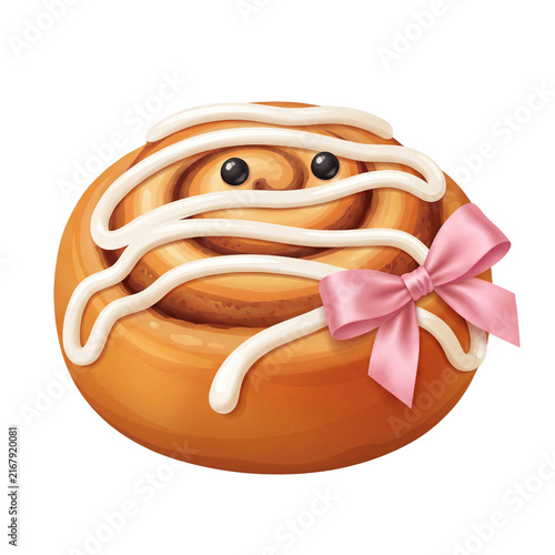 Coquette Halloween Cute Cinnamon Roll with Icing Face and Pink Bow
