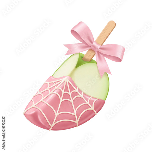 Coquette Halloween Spiderweb Caramel Apple Slice on Stick with Pink Bow