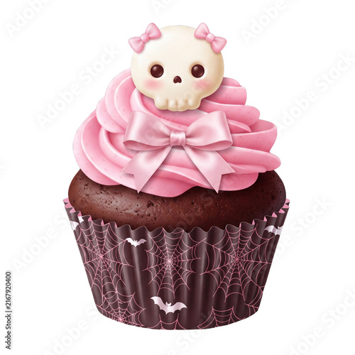 Coquette Halloween Cupcake with Bow-Worn Skull and Pink Ribbon