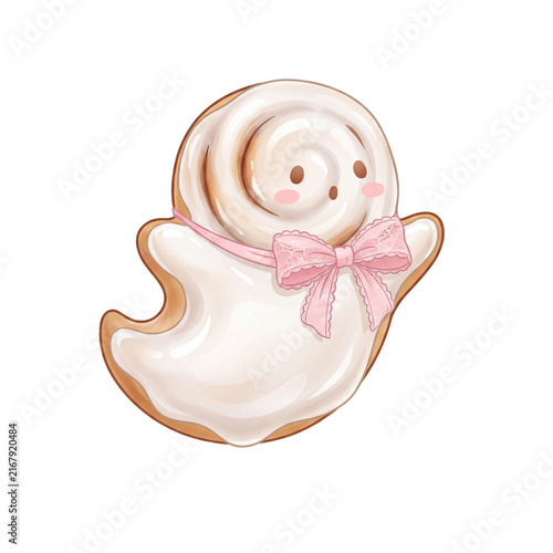 Coquette Halloween Ghost Cinnamon Roll with Lace Pink Ribbon