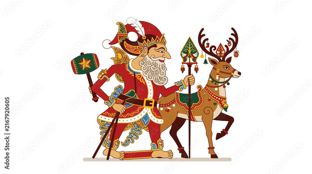 Fototapeta premium Santa Claus and reindeer character in Indonesian wayang kulit puppet style for Christmas