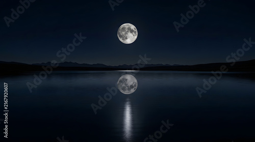 Stunning full moon glowing bright above the tranquil surface of a dark lake with a perfect symmetric reflection in the calm water at night