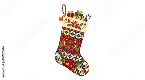 Traditional Indonesian batik Christmas stocking with gifts for holiday celebration decoration