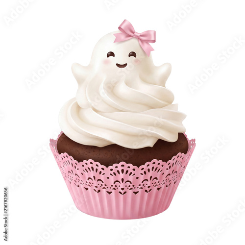 Coquette Halloween Ghost Cupcake with Pink Ribbon and Laced Wrapper