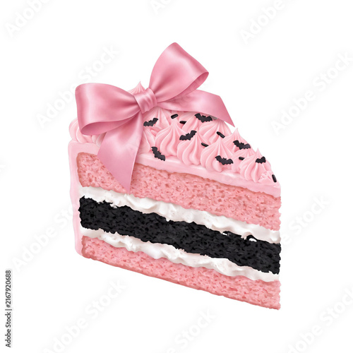 Coquette Halloween Cake Slice with Pink Ribbon and Bat Sprinkles