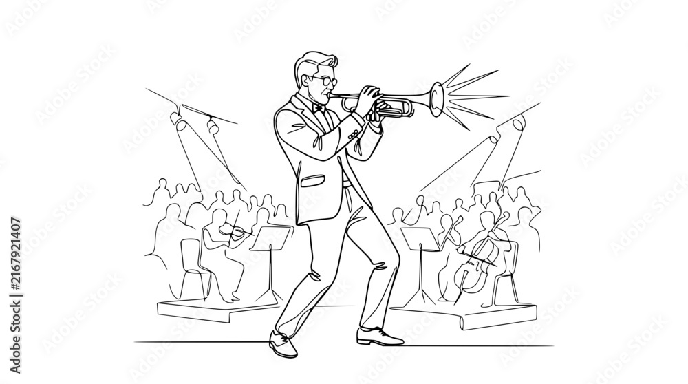 Fototapeta premium Musician playing trumpet with orchestra, line art, isolated