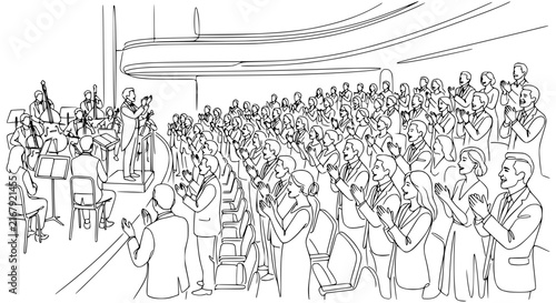 Obraz na płótnie Audience applauding orchestra and conductor in concert hall, line art drawing