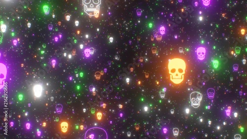 Thousands Of Spooky Scary Skull Shapes Glowing Neon Halloween Colors - 4K Seamless VJ Loop Motion Background Animation
