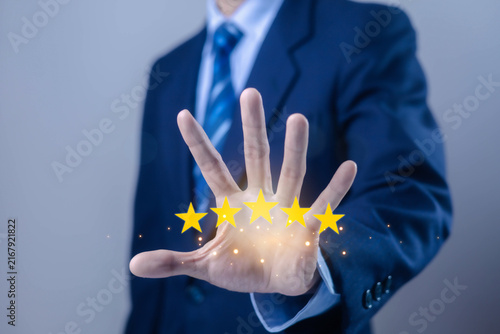 Canvastavla Businessman showing a five star customer rating with a hand gesture, symbolizing excellent service, satisfaction, quality, trust, positive feedback, reviews, experience, success, and brand reputation