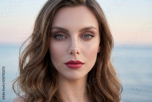 Elegant Woman With Refined Makeup Against Serene Seaside Background
