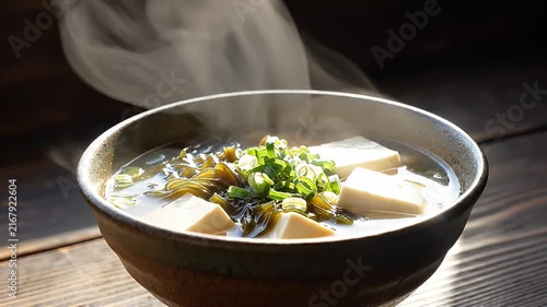 Steaming Bowl of Miso Soup with Tofu and Seaweed, Garnished with Fresh Green Onions on Wooden Table