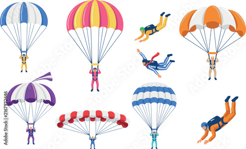Bild auf Leinwand Skydiving and parachuting vector illustration set with diverse skydivers free fa