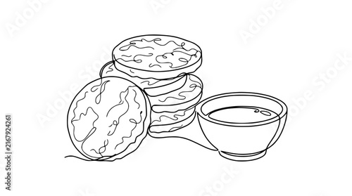 Single Line Drawing of Cookies and a Bowl of Milk