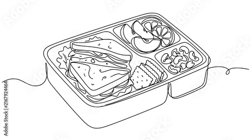 Continuous Line Drawing of a Bento Box Meal with Sandwich, Fruit, and Crackers