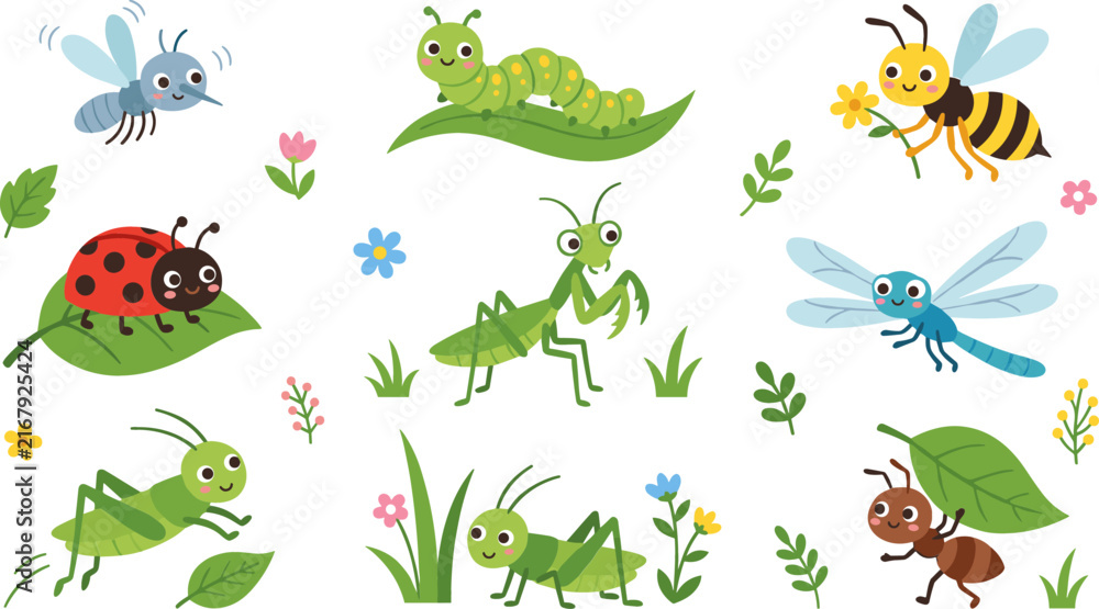 Naklejka premium Cute Cartoon Garden Bugs and Insects Character Set with Adorable Ladybug Caterpillar Bee Grasshopper Praying Mantis Dragonfly and Ant Vector Illustration Collection