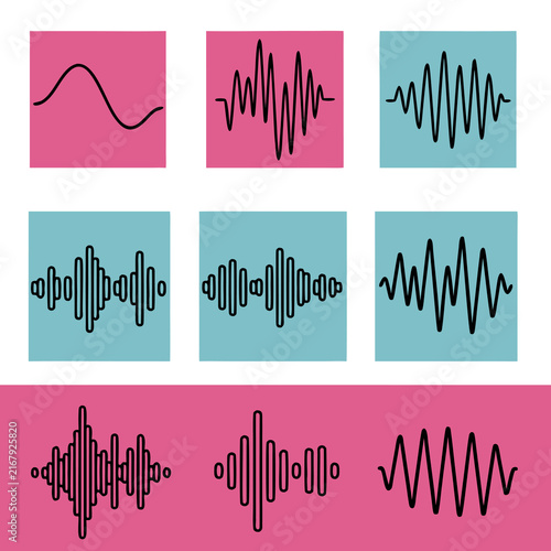 Set of sound waves and audio frequency charts on colorful pink and blue square backgrounds