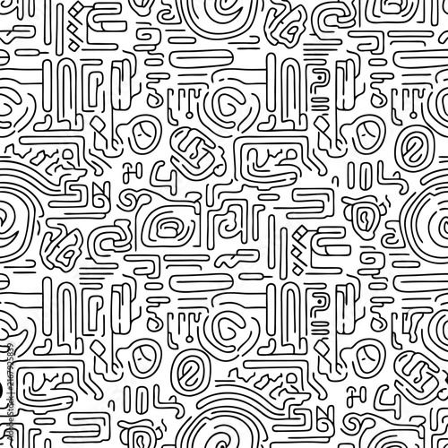 Monochrome abstract maze doodle seamless pattern with intricate black lines on white background