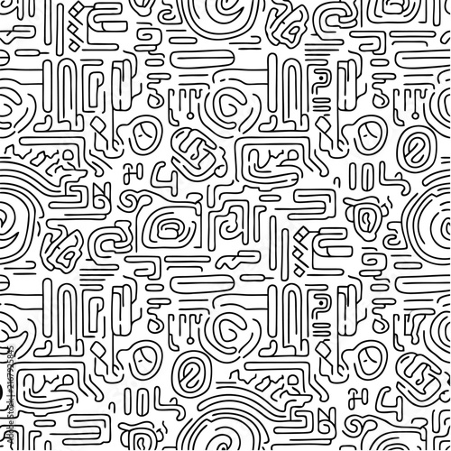 Monochrome abstract maze doodle seamless pattern with intricate black lines on white background