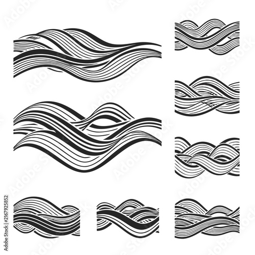Set of hand drawn wavy line art banners and divider graphic elements with wavy lines