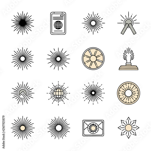Set of minimalist mystical celestial icons with sunbursts and abstract symbols