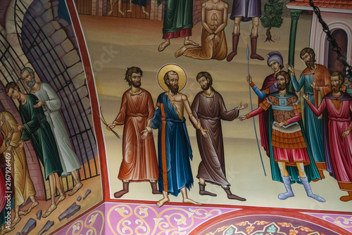 Canvas Print Colorful Byzantine mosaics and frescoes inside a Greek Orthodox church