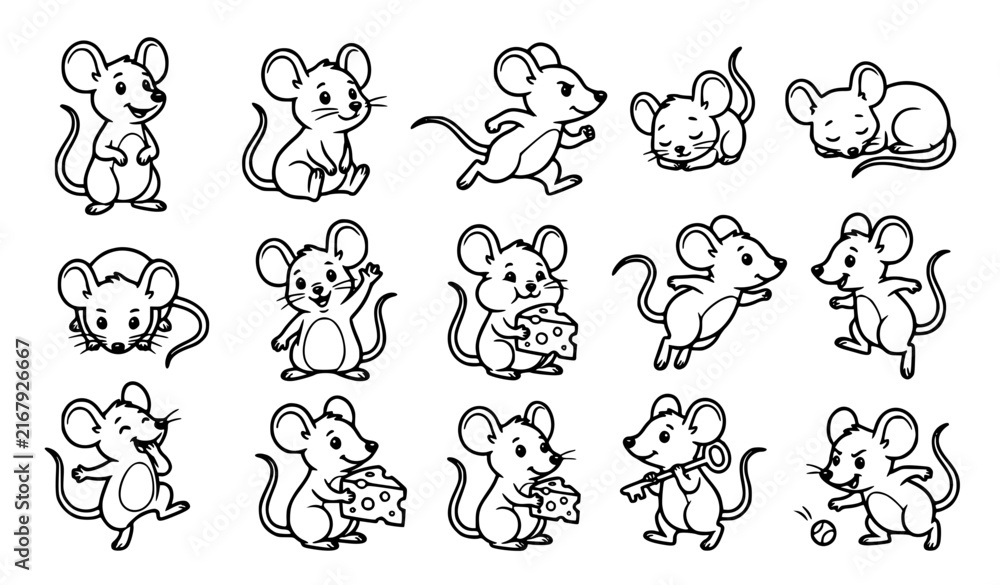 Obraz premium Cute Cartoon Mouse Illustrations, Black and White Rodent Character Vector Collection