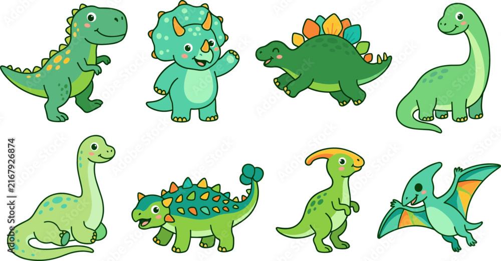 Naklejka premium Cute Dinosaur Vector Character Set Featuring Cartoon Tyrannosaurus Rex Triceratops Stegosaurus Brachiosaurus and Pterodactyl Illustrations for Children Nursery and School Designs