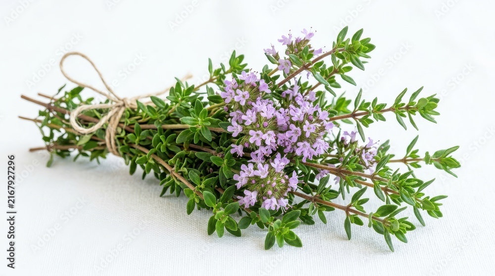 Naklejka premium Fresh Blooming Thyme Bunch Tied with Twine on White Background, Aromatic Culinary Herb