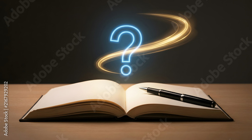 Open book with a black pen resting on its pages, featuring a glowing blue question mark with golden light trails above, set on a dark wooden surface featuring fountain pen, writing and education