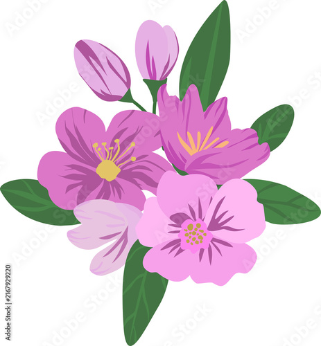 Illustration of a light purple bouquet with green leaves.