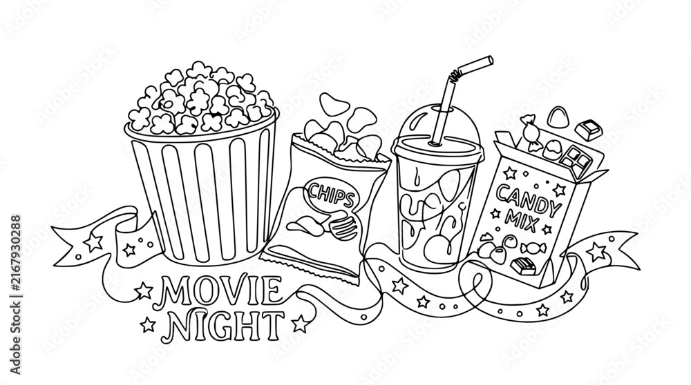 Fototapeta premium Movie Night Snacks Line Art: Popcorn, Chips, Drink, Candy Isolated