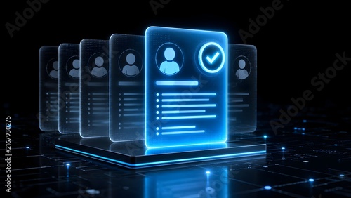 Futuristic Digital Candidate Screening Interface Selecting Top Talent In Dark Room