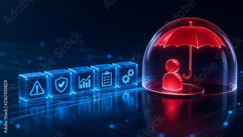Glowing Digital Dome And Umbrella Protecting Figure In Cyber Security Workflow