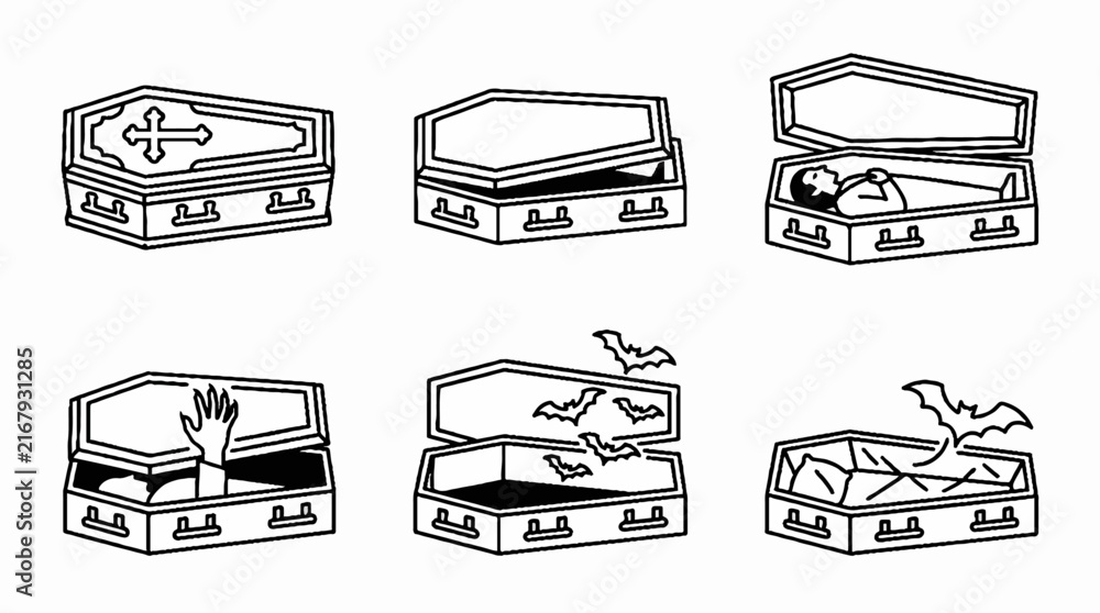 Obraz premium A collection of six hand drawn black and white coffin illustrations for Halloween themes.