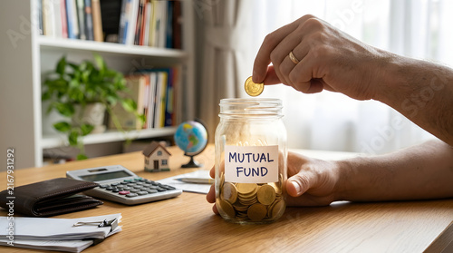 A hand drops a gold coin into a glass jar labeled mutual fund on a wooden desk with a calculator, house model, wallet, papers, bookshelf, and globe in the background featuring investment and savings