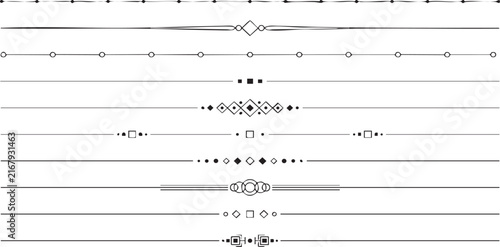 Long horizontal page separators with complex central ornaments including circles and squares designed for sophisticated book publishing and luxury branding materials.