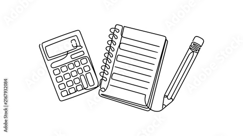 Continuous line drawing of calculator, notepad, and pencil on transparent background