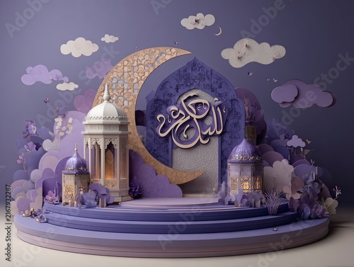 Islamic Mosque Globe Crescent Moon Night Sky Illustration.