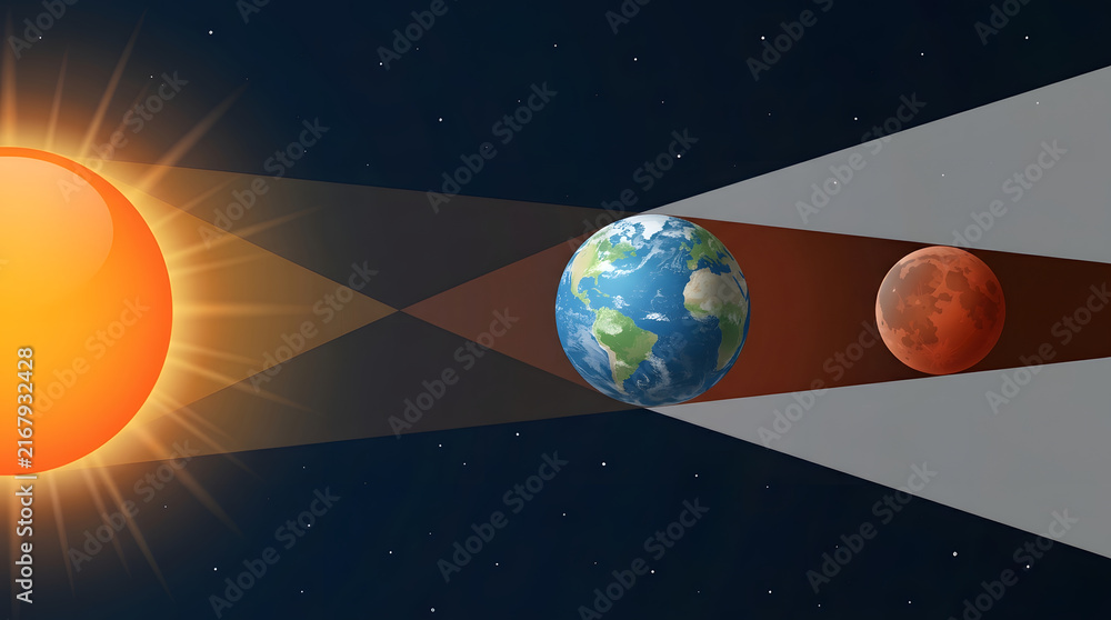 Naklejka premium Educational Astronomy Diagram Illustrating the Celestial Alignment of the Sun Earth and Moon During a Lunar Eclipse Event