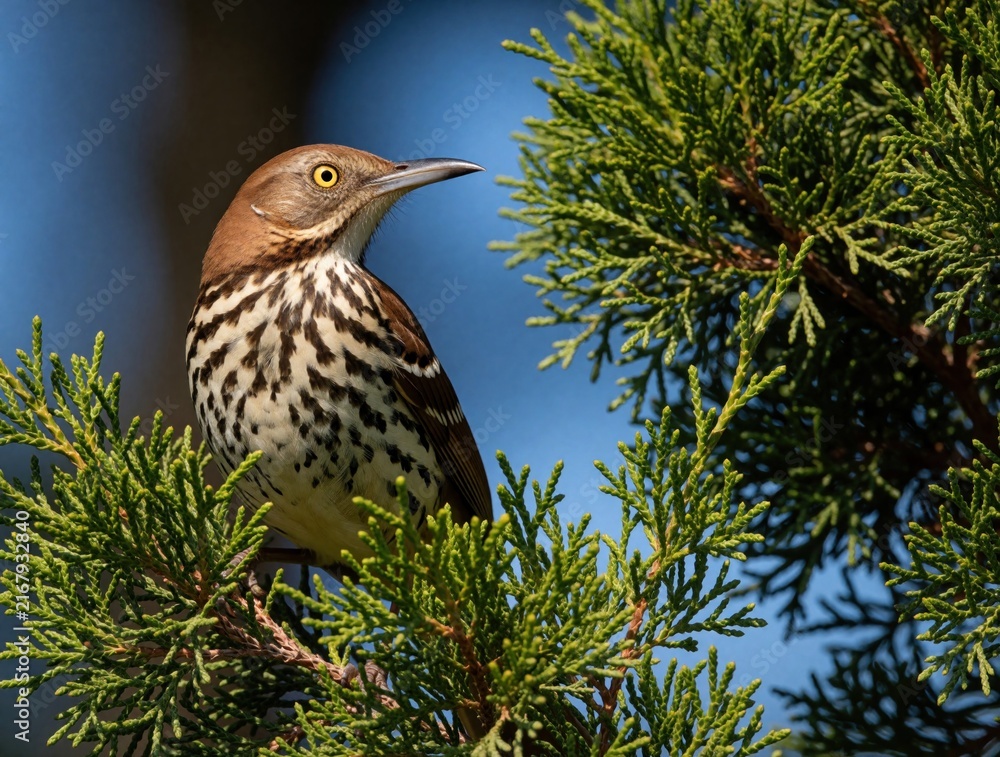 Naklejka premium Brown thrasher bird perches on green evergreen tree branch. It has long beak and yellow eye. Clear blue sky background. Wild creature in nature.