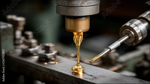 Macro close-up of golden synthetic oil drop dispensing from high precision industrial machine part in factory workshop